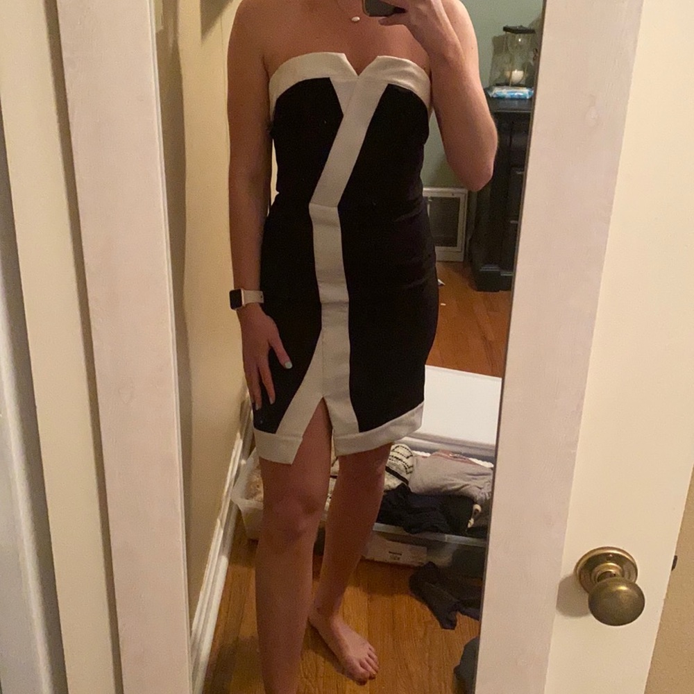 Black and white strapless dress